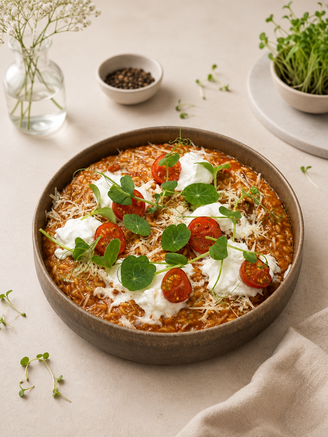Krémové paradajkové risotto s burratou, cherry paradajkami a mikrobylinkami Pink Greens